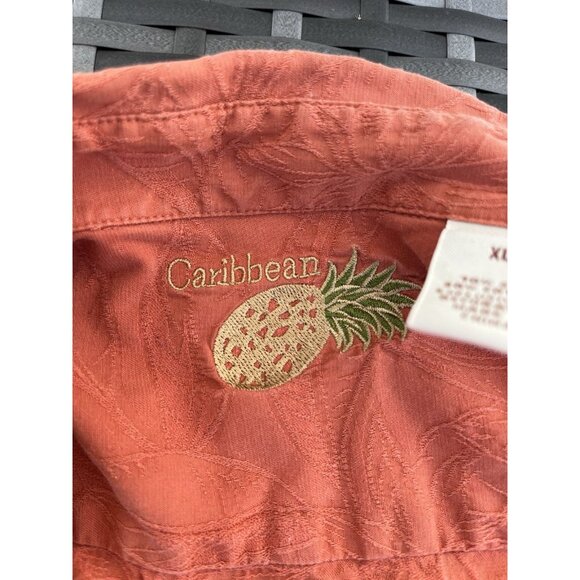 Caribbean Silk Blend Men's Short Sleeve Coral Orange Floral‎ XL Silk/Rayon Shirt - Picture 5 of 6